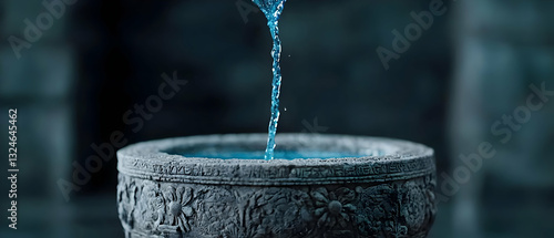 Stream of Teal Water Pouring Into An Ornate Stone Bowl Against Dark Background With Dramatic Lighting