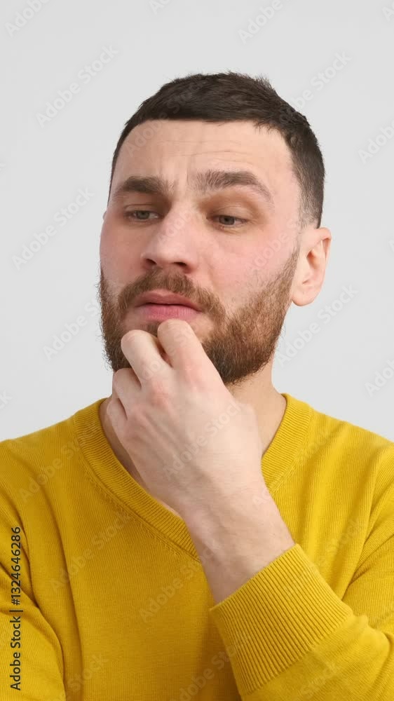 Confused man brainstorming on a white background. Uncertainty and trouble in the search for an answer leading to resolution. Vertical video. Confused man brainstorming on a white background. Uncertainty and trouble in the search for an answer leading to resolution. Vertical video.