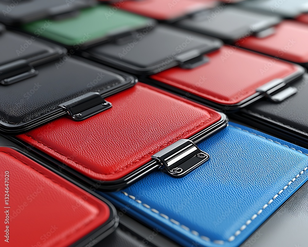 Colorful leather wallets arranged on surface Colorful leather wallets arranged on surface