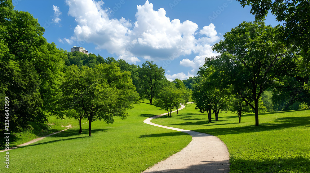 Winding Stone Path Through Lush Green Park With Trees Under A Bright Blue Sunny Sky Winding Stone Path Through Lush Green Park With Trees Under A Bright Blue Sunny Sky