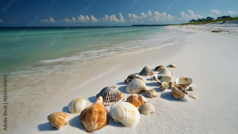 Seashells on a pristine beach, turquoise waters, and a picturesque shoreline under a bright blue sky Seashells on a pristine beach, turquoise waters, and a picturesque shoreline under a bright blue sky