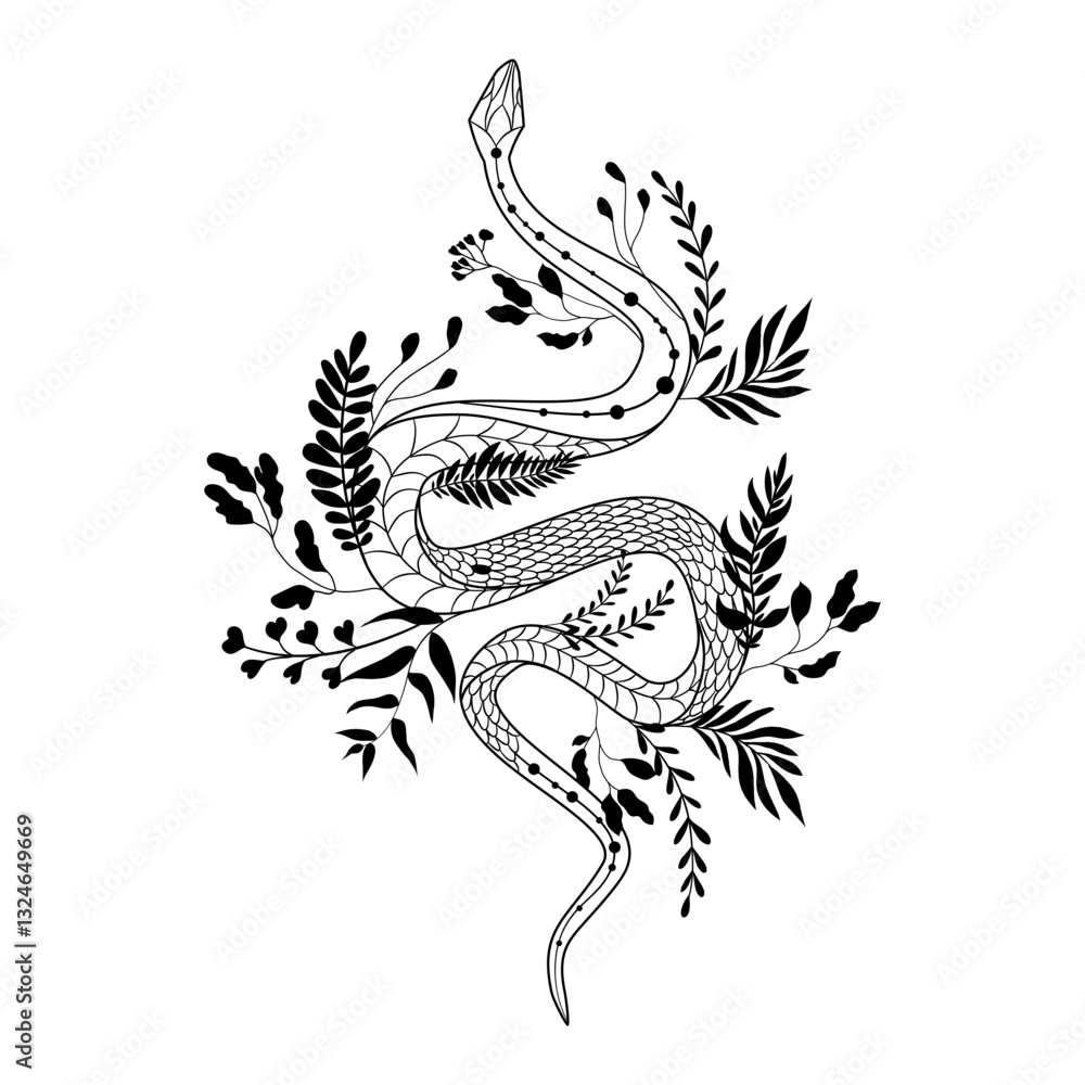 Celestial snake tattoo design intertwining mystical flora in intricate silhouette form Celestial snake tattoo design intertwining mystical flora in intricate silhouette form