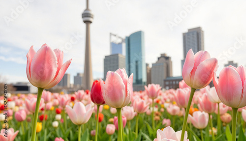 Tulips swaying in the wind with cityscape backdrop, urban spring beauty