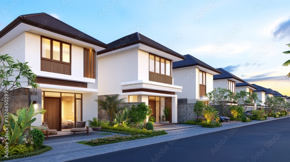 Modern residential neighborhood showcasing stylish homes with lush gardens at sunset Modern residential neighborhood showcasing stylish homes with lush gardens at sunset