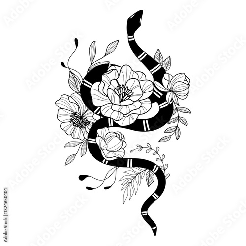 Mystical serpent entwined with celestial flowers in a delicate tattoo design