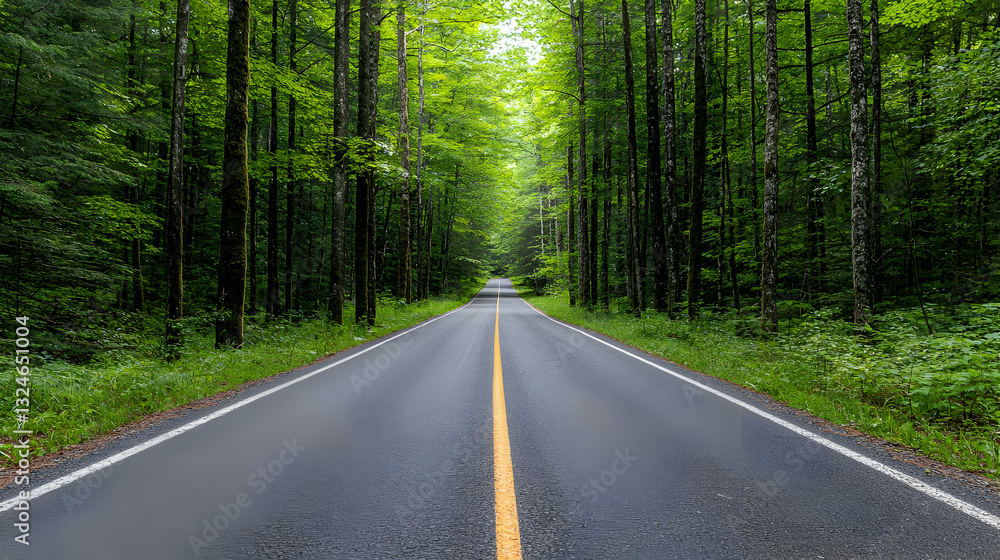 Straight Road Through Dense Green Forest With Tall Trees And Yellow Center Line Daytime Lighting Straight Road Through Dense Green Forest With Tall Trees And Yellow Center Line Daytime Lighting