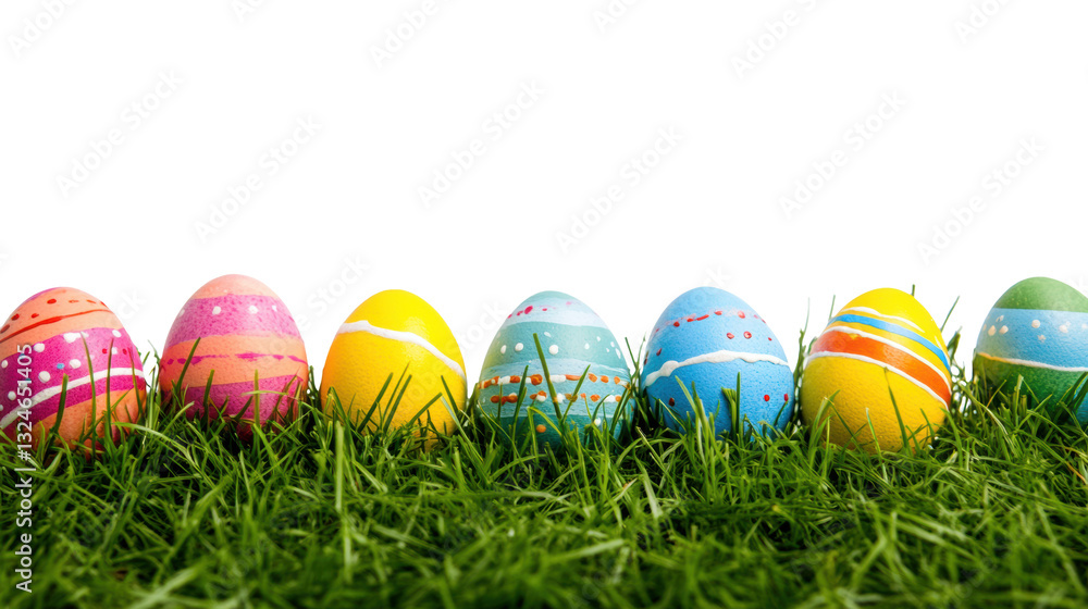 Colorful Easter eggs displayed on fresh green grass on a transparent background, cut out