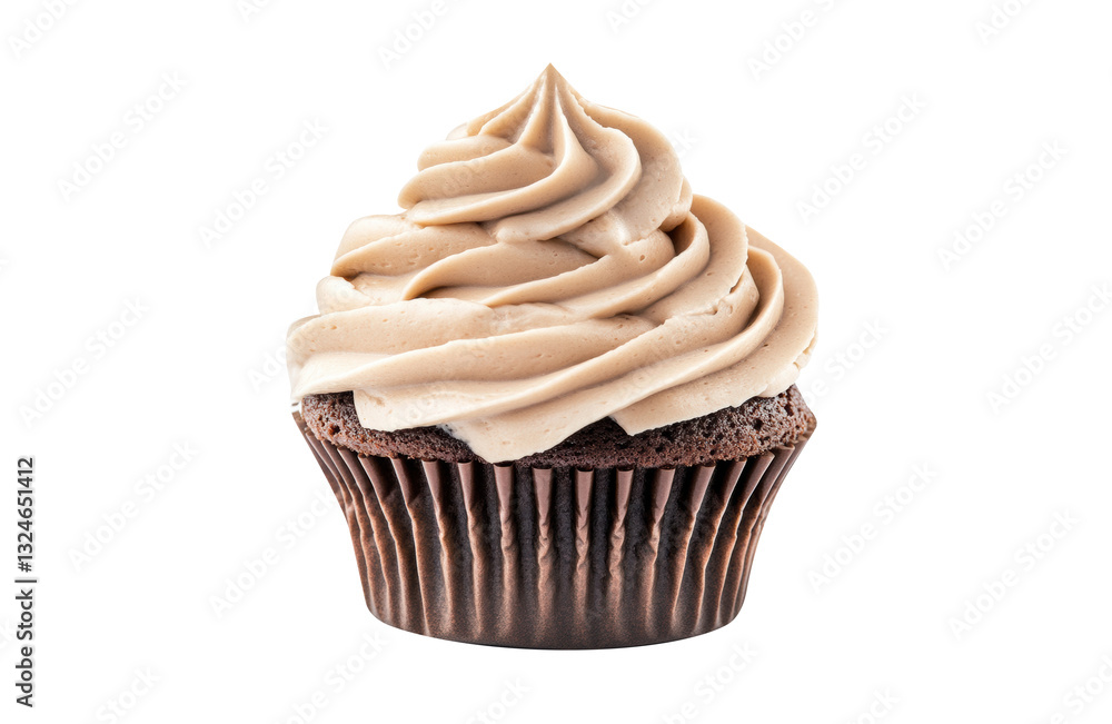 Delicious chocolate cupcake topped with creamy frosting swirls on a transparent background, cut out Delicious chocolate cupcake topped with creamy frosting swirls on a transparent background, cut out