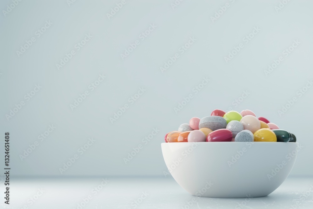 Colorful Jelly Beans in a White Bowl on a Light Blue Background Colorful Jelly Beans in a White Bowl on a Light Blue Background