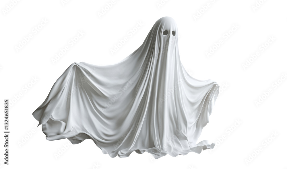Ghost figure draped in white fabric with eye cutouts on a transparent background, cut out