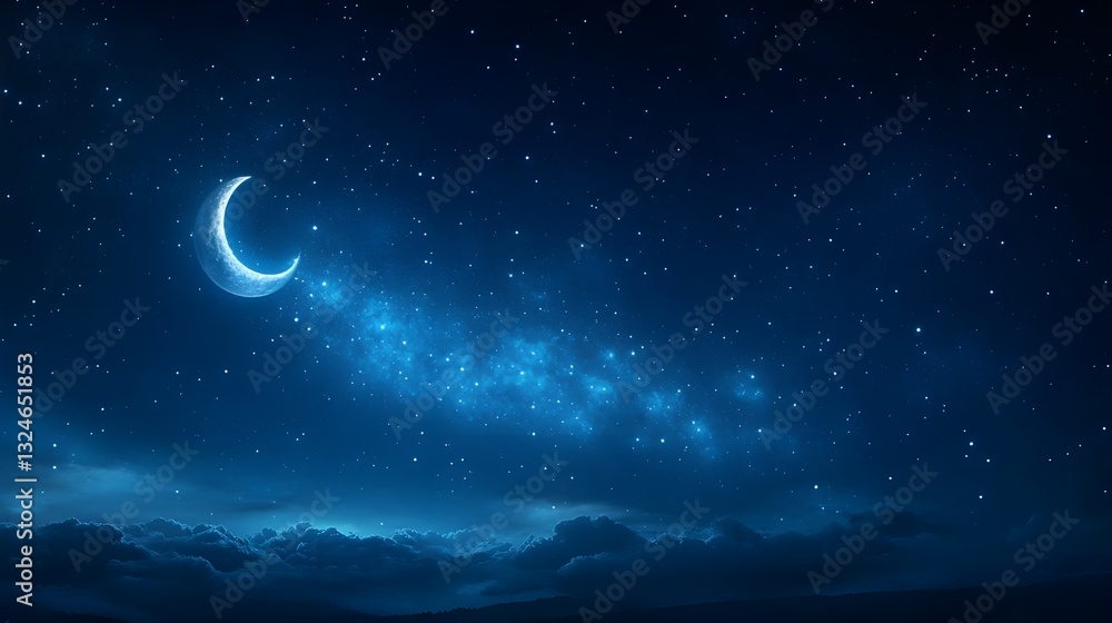 Midnight stars illuminate a dark, cloud-strewn fantasy sky Midnight stars illuminate a dark, cloud-strewn fantasy sky