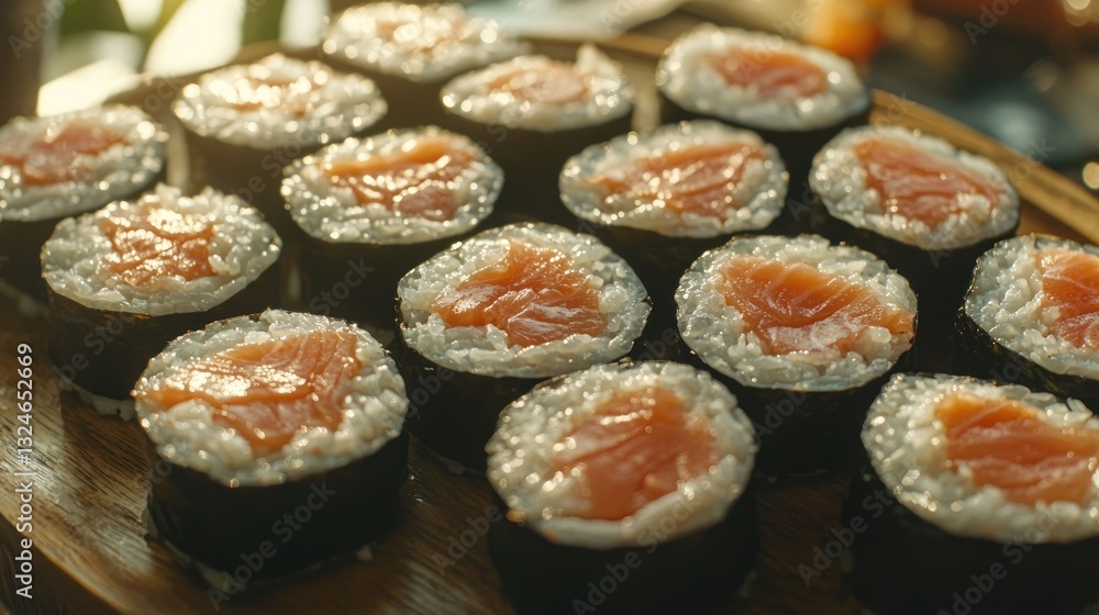 Fresh salmon sushi rolls on wooden board. Fresh salmon sushi rolls on wooden board.