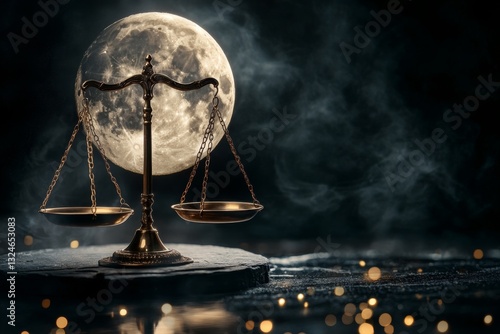 A mystical Libra figure holding a golden scale, with the full moon behind them lighting the scene