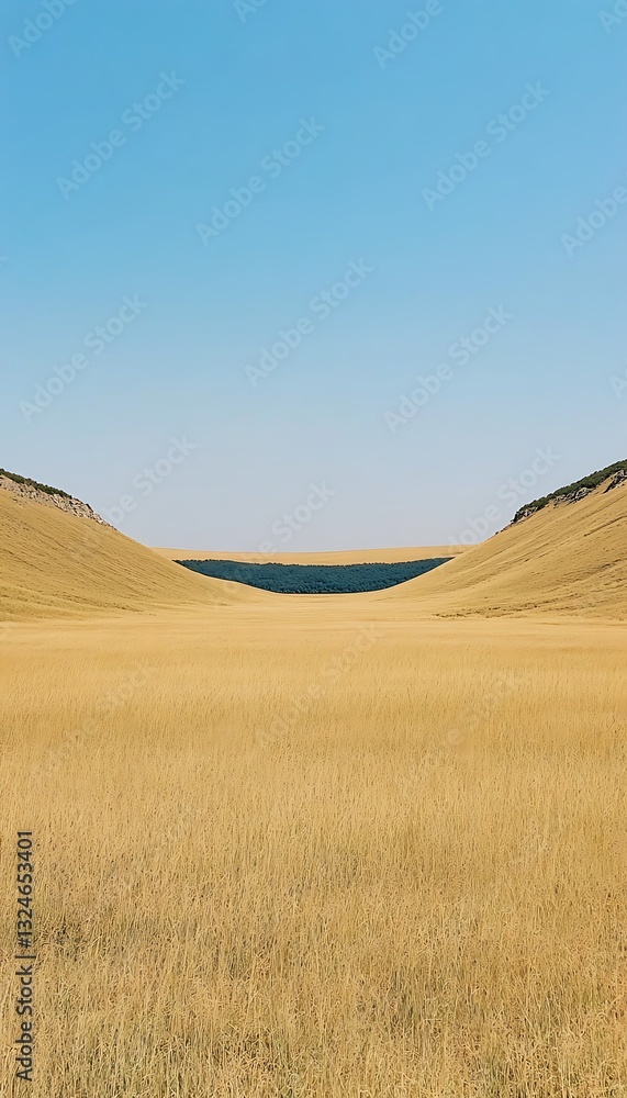 Grassy field valley leads to dark lake under a clear sky Grassy field valley leads to dark lake under a clear sky