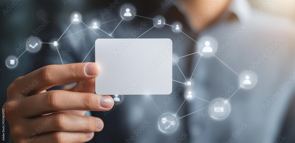 businessman holds card in hand. Social networks, technologies businessman holds card in hand. Social networks, technologies
