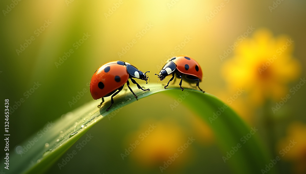 Naklejka premium ladybug on green leaf