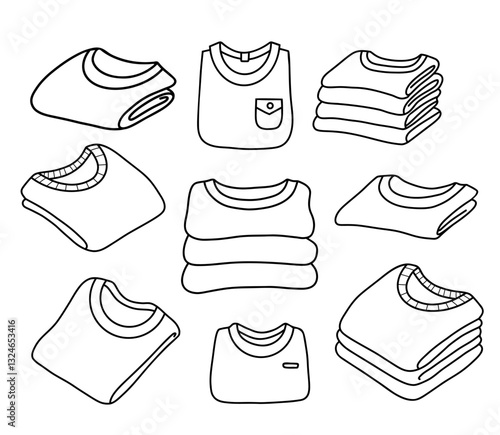 Outline Rolled-Up T-Shirt and folded sweater set. Isolated linear hand drawings clothes on white background. Vector illustration