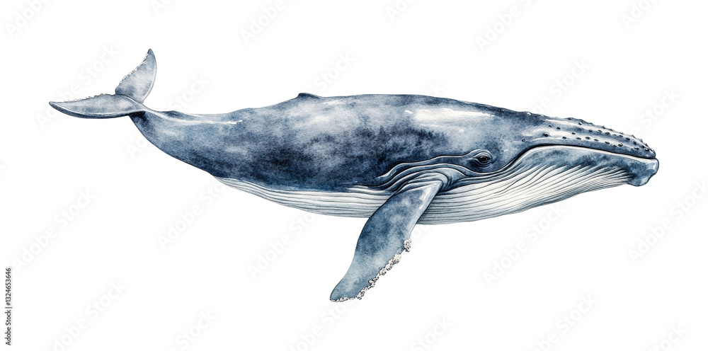Fototapeta premium Realistic blue humpback whale illustration in motion, cut out