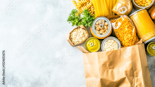 Paper grocery bag filled with fresh vegetables, fruits, pasta, oatmeal, and canned goods on a white table. Food shopping, delivery, donation concept. Healthy eating, nutritious food.