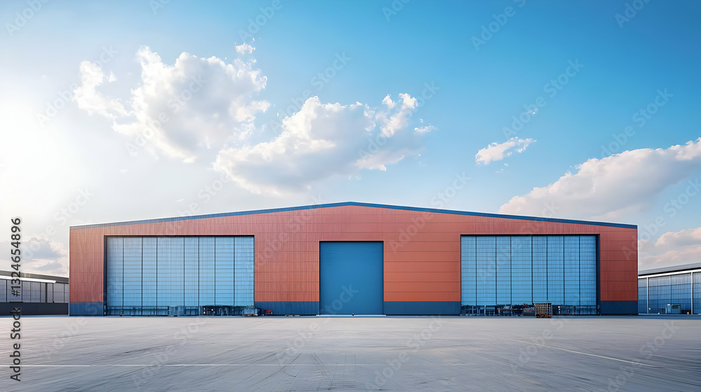 Fototapeta premium Modern Industrial Warehouse Building Exterior With Copper And Glass Facade Under Cloudy Sky