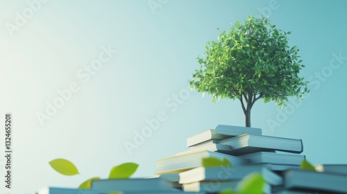 The tree of knowledge concept with tree growing from book stack