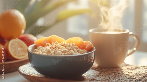 Steaming oatmeal breakfast bowl with citrus fruit and coffee.