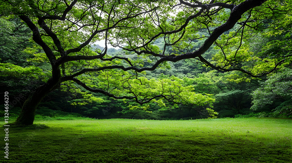 Lush Green Tree With Spreading Branches Over Grassy Field Against Blurred Forest Background Under Bright Sunlight Lush Green Tree With Spreading Branches Over Grassy Field Against Blurred Forest Background Under Bright Sunlight