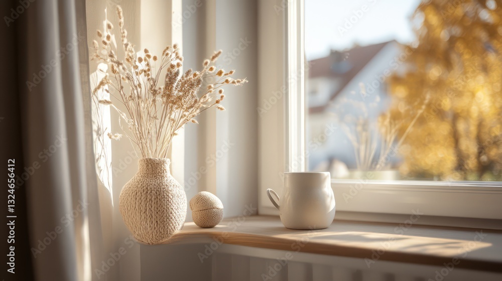 Fototapeta premium Decorative vase and cup by a bright sunlit window scene