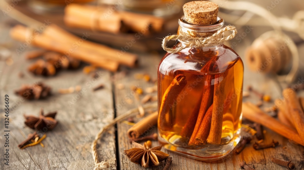 A bottle of cinnamon flavored liquor with cinnamon sticks surrounding it on a table A bottle of cinnamon flavored liquor with cinnamon sticks surrounding it on a table