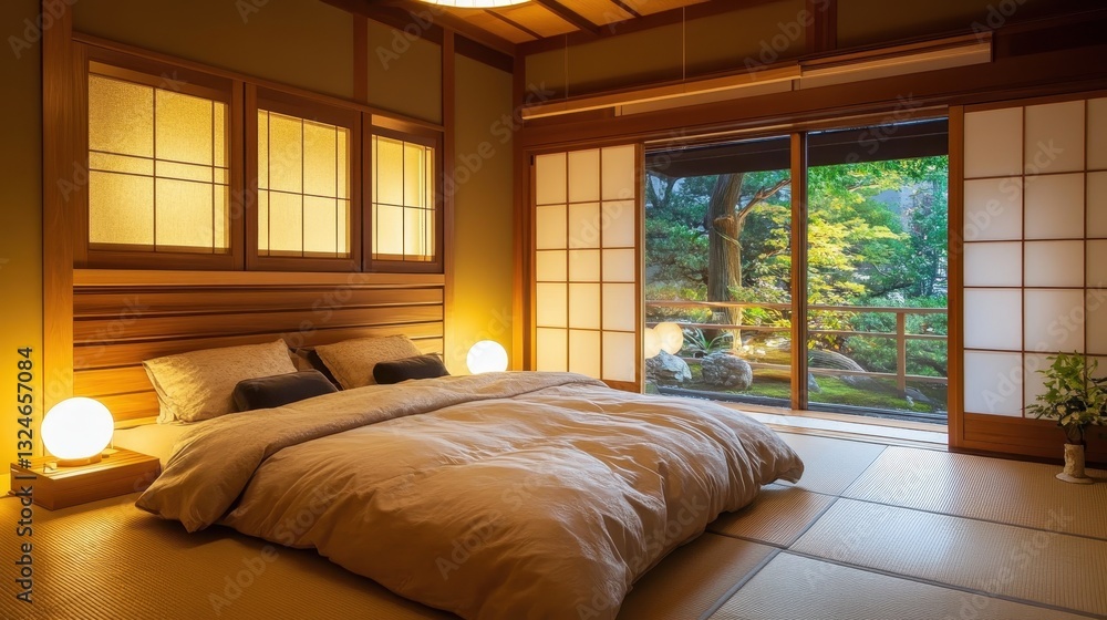Fototapeta premium A Traditional Bedroom Features Soft Lighting And A Serene Garden View
