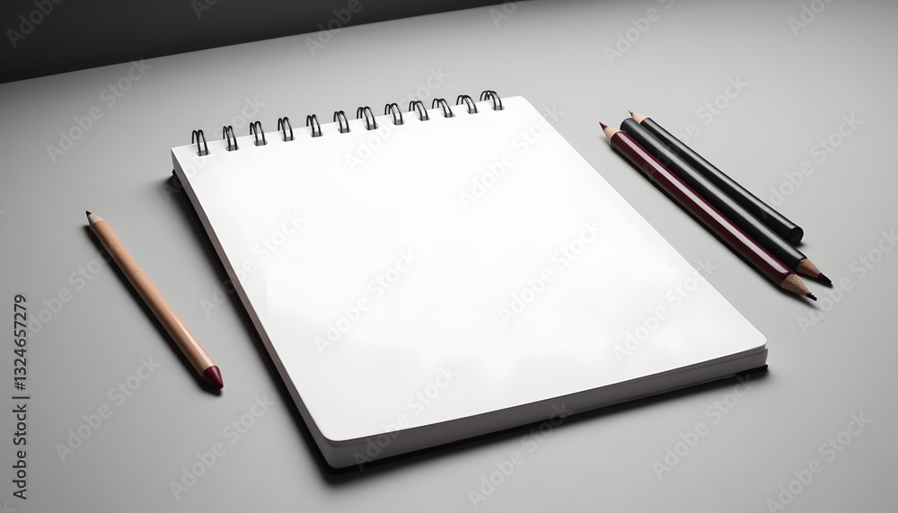 Blank notebook with colored pencils on gray surface