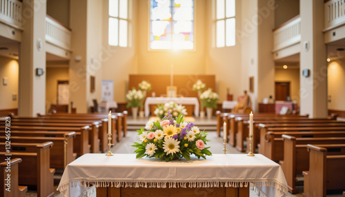 Easter altar adorned with flowers in church interior, celebration of faith