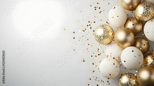 Festive Celebration Background With Elegant Gold And White Balloons And Sparkling Confetti