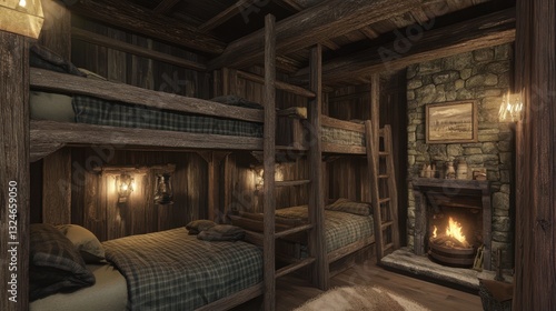 Wallpaper Mural A cozy rustic bunk room with a fireplace glows warmly Torontodigital.ca