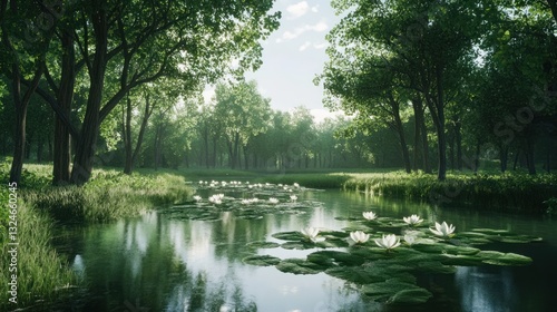Serene pond landscape with water lilies and tranquil woodland scenery