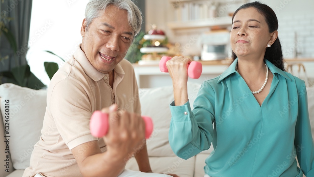 Obraz premium Happy elderly couple exercising together with dumbbells at home, focusing on muscle strength, joint health, and physical wellness for improved mobility and healthy aging. Retirement concept. Myrmidon.
