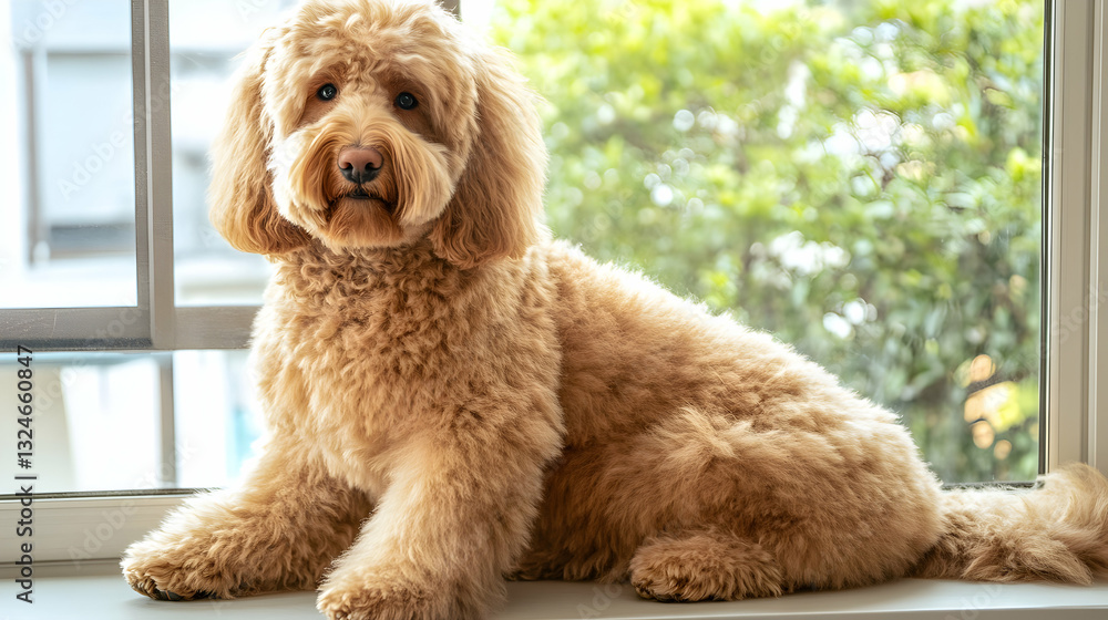 Fototapeta premium Adorable golden doodle sitting by the window with natural light filtering in the background.