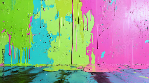 Fototapeta Naklejka Na Ścianę i Meble -  splatters in shades of neon green, pink, and blue, with some paint dripping down and pooling on the floor below 
