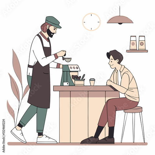 Barista makes coffee. Coffeehouse service professional employer or owner cafe bar brew espresso mug, pouring latte cup hipster man person in apron working classy vector illustration