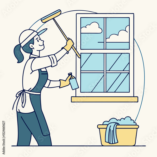 Washing windows in house. Female character in uniform with brush in hand wipes glass. Basin of detergent windowsill. House and apartment cleaning after major repairs. Vector flat illustration