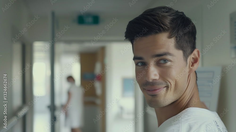 Obraz premium Man standing at a hospital exit looking back with a victorious smile after completing treatment