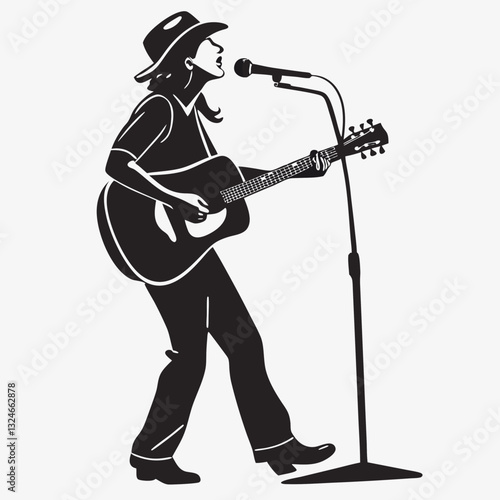 A monochromatic silhouette of a singer with cowboy hat