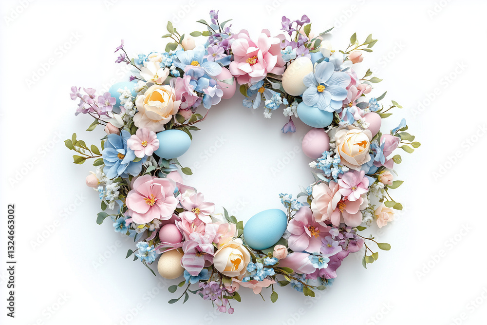 Beautiful Easter of Pastel Flowers and Eggs on White Background Beautiful Easter of Pastel Flowers and Eggs on White Background