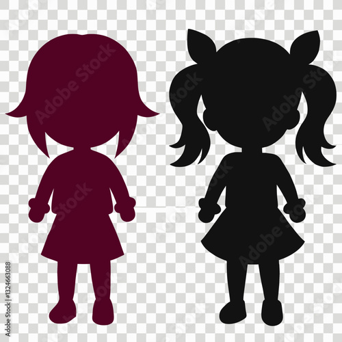 Silhouette of Little Girls: Two stylized silhouettes of little girls with different hairstyles are presented on a transparent background, offering versatile design potential.