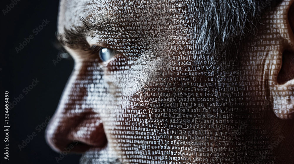Fototapeta premium Close-up of a man's face covered in digital binary code, representing artificial intelligence and data processing.