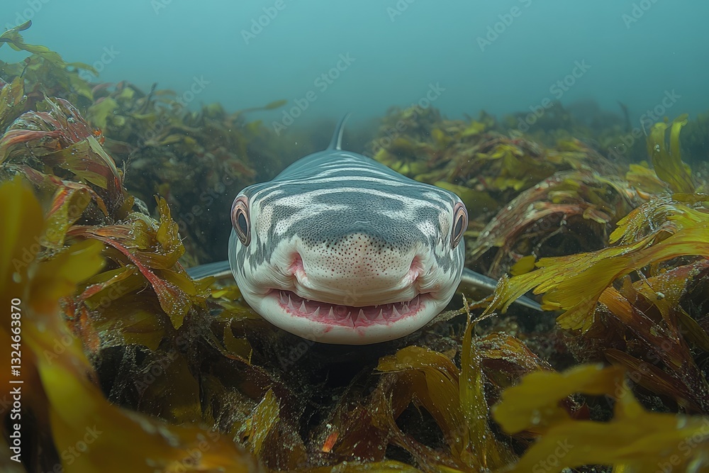 Obraz premium Zebra Shark Smiles Amidst Underwater Kelp Forest