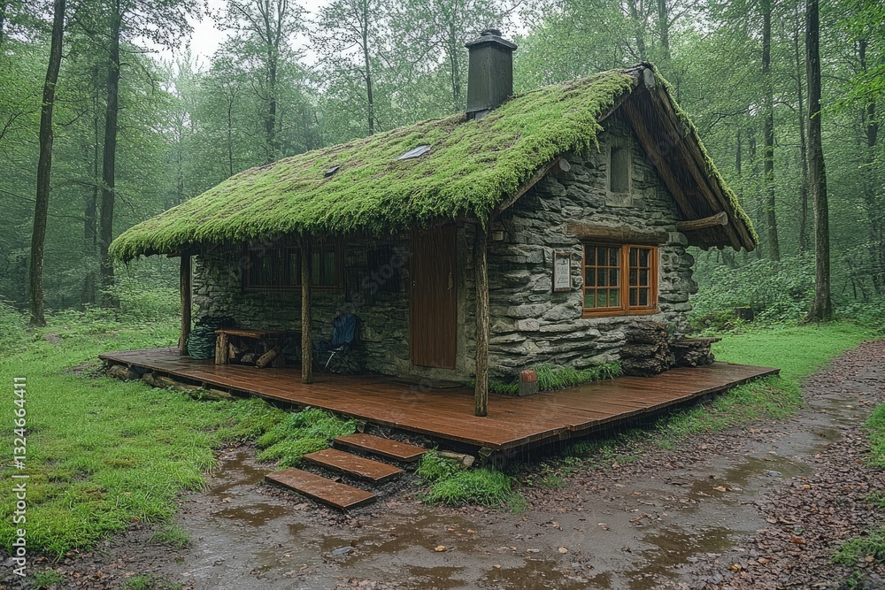Stone Cabin Mossy Roof Rain Forest Setting Stone Cabin Mossy Roof Rain Forest Setting