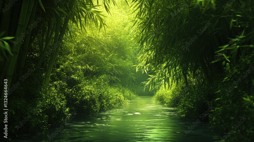 Fototapeta premium Lush bamboo forest reflected in clear flowing water creating a peaceful scene