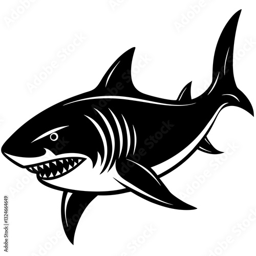 A menacing shark, rendered in striking black and white, showcases its powerful form and predatory nature, symbolizing the raw power and danger of the ocean.