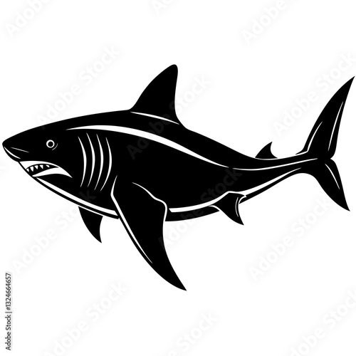 Monochrome Shark Illustration: A striking monochromatic illustration of a shark, showcasing its formidable features and predatory presence in a graphic style.